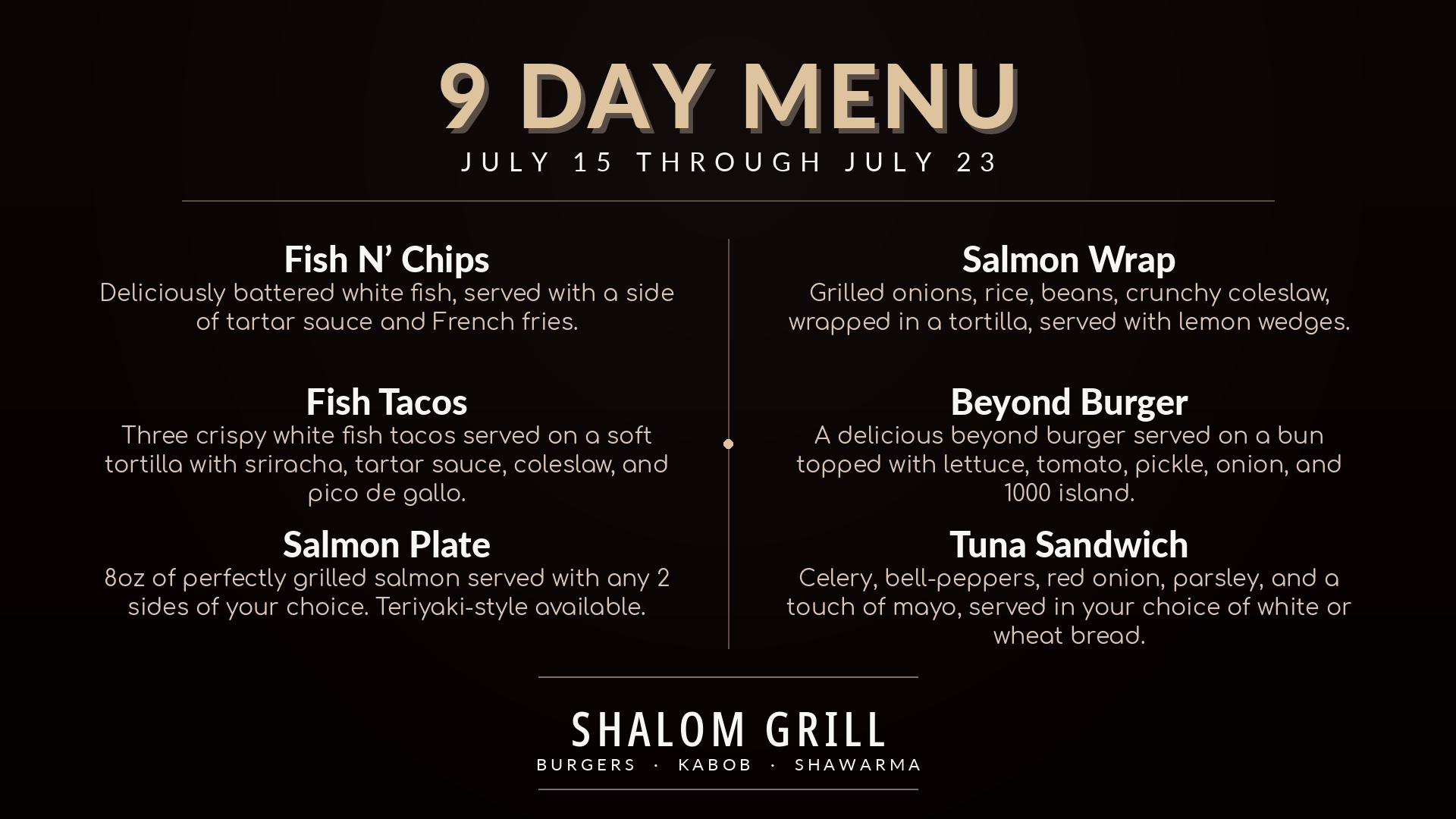 Shalom Grill Special Nine Days Menu